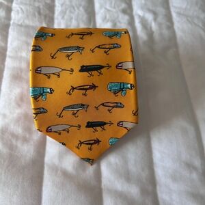 Old Navy Mens Silk Tie Mustard Yellow Fishing Lure Novelty Pattern USA Made